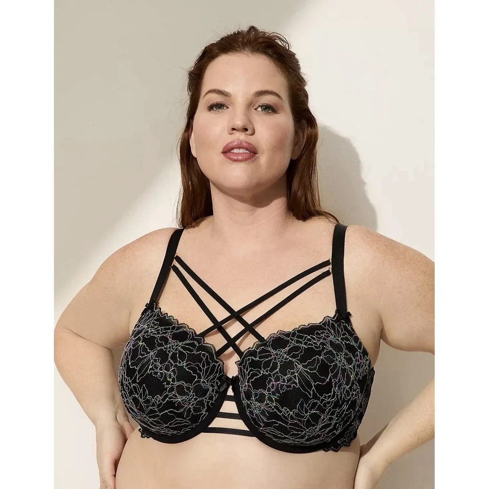 Lane Bryant Cacique Strappy-Neck Boost Balconette Bra 44DD‎ Black & Lace NWT!